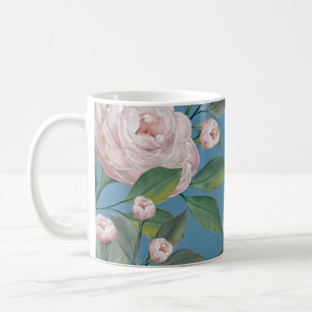 Pale Pink Roses with Navy Blue Background    Coffee Mug (Left)