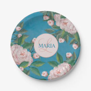 Pale Pink Roses with Navy Blue Background Pape Paper Plate