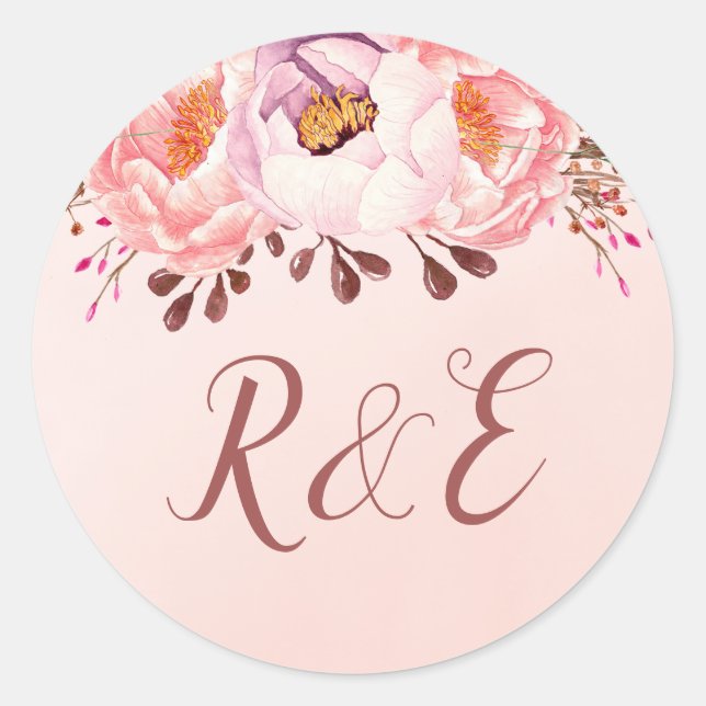 Pale Pink Ruby Floral Wedding Monogram Sticker (Front)