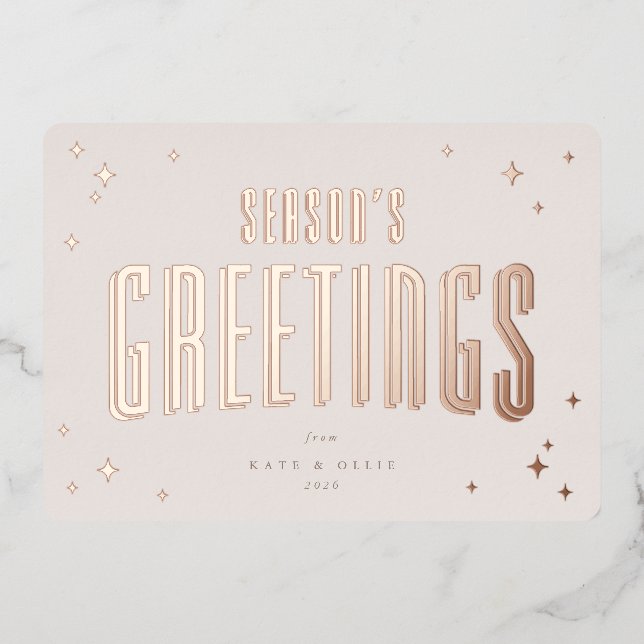 Pale Pink Season's Greetings Retro Stars Flat Foil Holiday Card (Front)