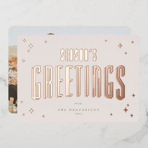Pale Pink Season's Greetings Retro Stars Photo  Foil Holiday Card