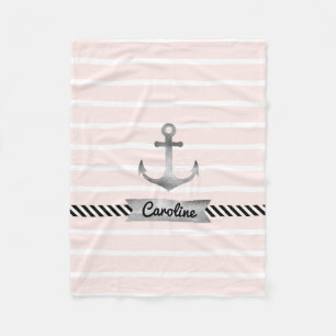 Pale Pink Stripes Watercolor Anchor Personalised Fleece Blanket