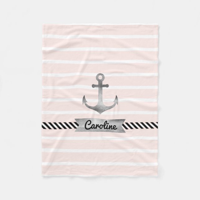 Pale Pink Stripes Watercolor Anchor Personalised Fleece Blanket (Front)