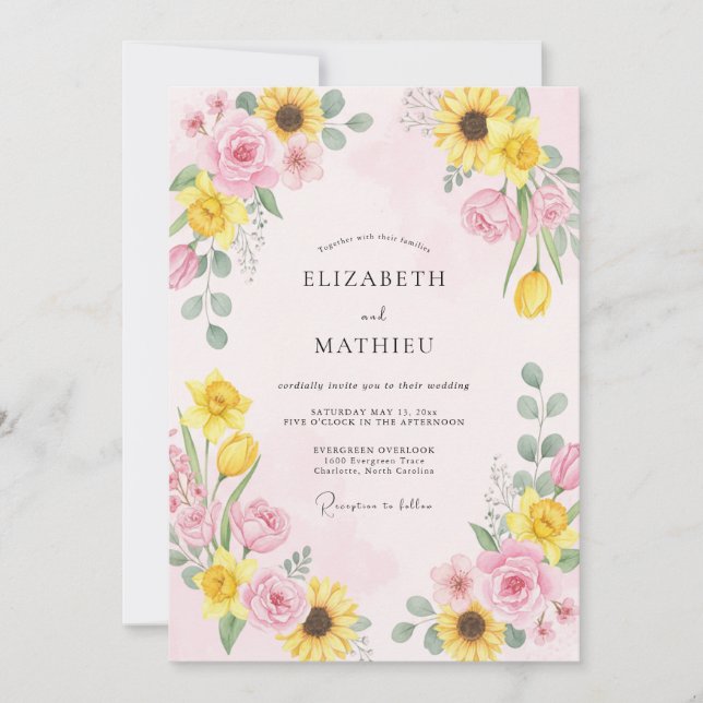 Pale Pink Sunflower Eucalyptus Wedding Invitation (Front)