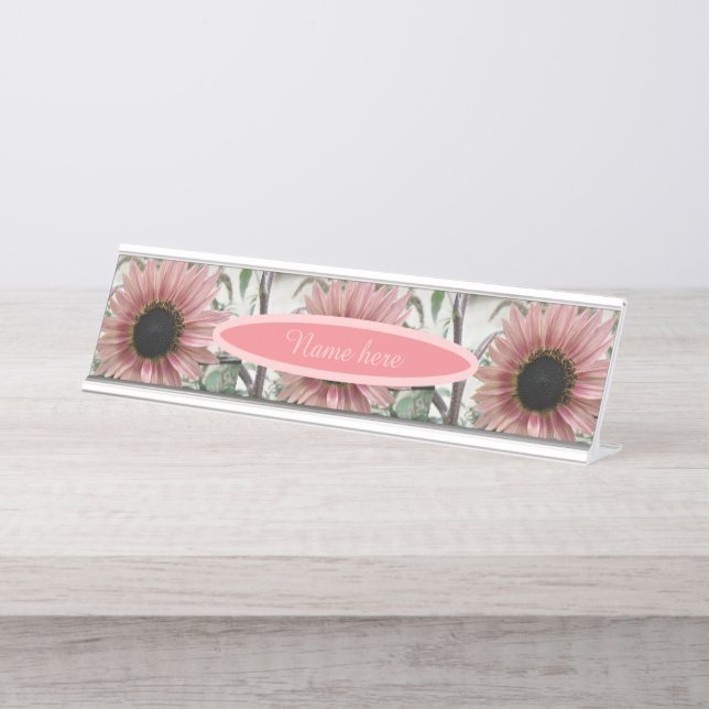 Pale Pink Sunflower Personalised Desk Name Plate (Front)