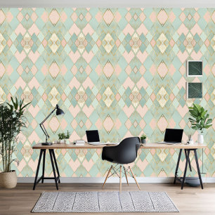 Pale Pink, Teal, Cream, and Gold Argyle Pattern Wallpaper