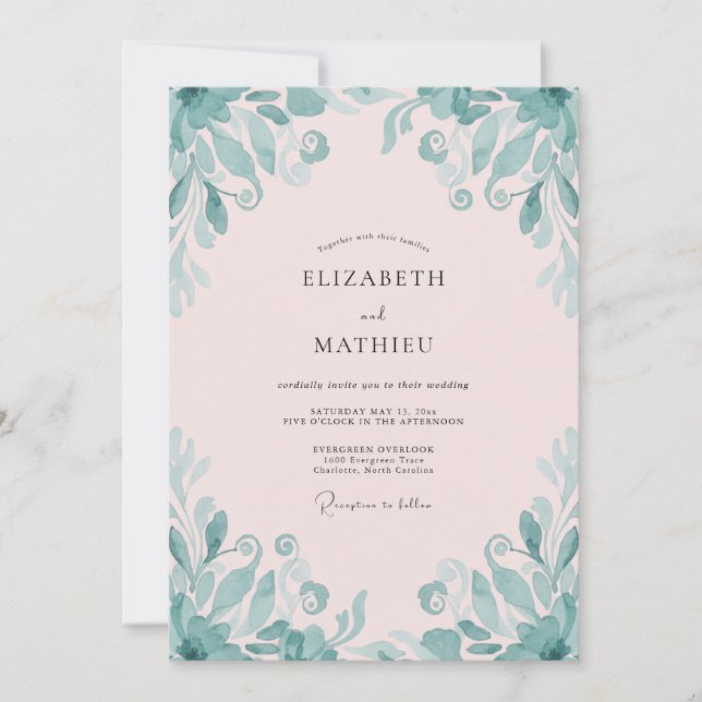 Pale Pink Teal Leafy Wedding Invitation (Front)