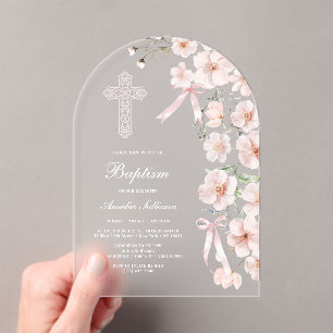 Pale Pink Wildflowers and Bows Arch Baptism Acrylic Invitations