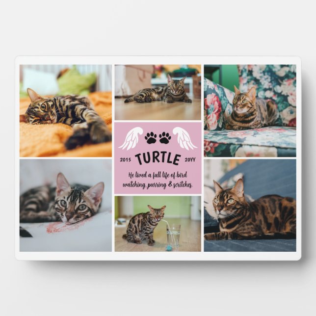 Pale Pink Wings Cat Paws Memorial Photo Collage Plaque (Front)