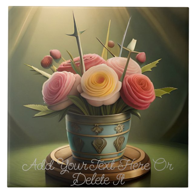 Pale Pink, Yellow, Coral Roses in a Ray of Light Tile (Front)