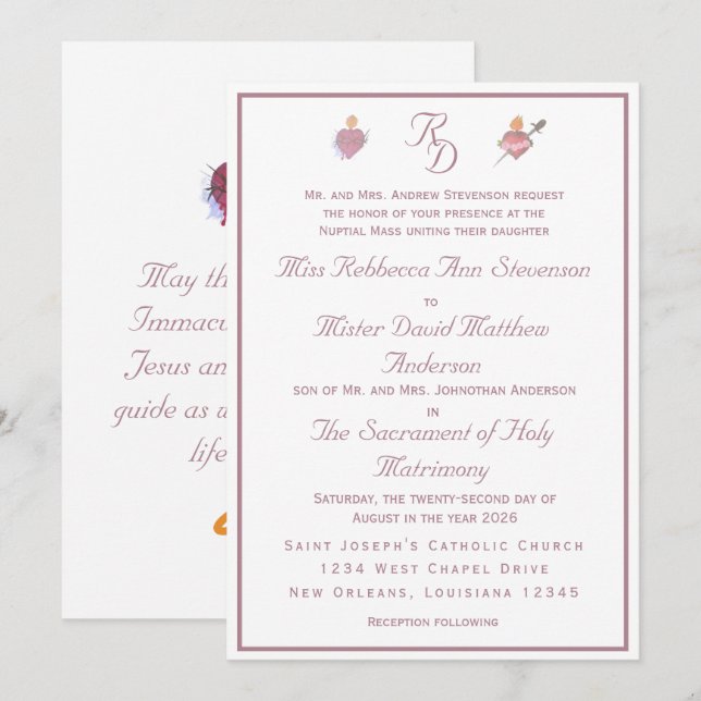 Pale PinkTwo Hearts Catholic Wedding Invitation (Front/Back)