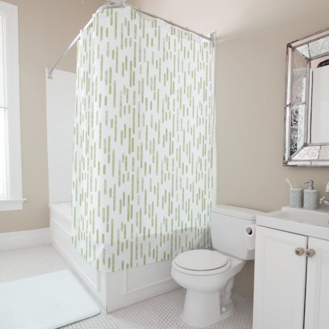Pale Pistachio on White Inky Rounded Lines Pattern Shower Curtain (In Situ)