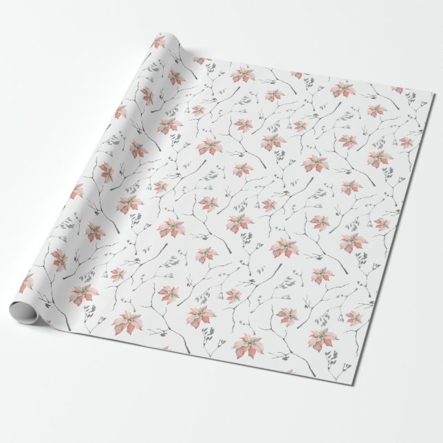 Pale Poinsettias Branches Rustic Watercolor Wrapping Paper (Unrolled)