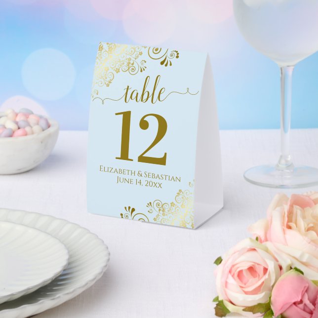 Pale Powder Blue & Gold Wedding Table Number (Insitu(Wedding))
