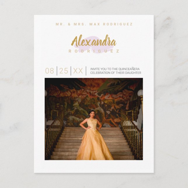 Pale Purple and Gold Photo Quinceanera Invitation Postcard (Front)