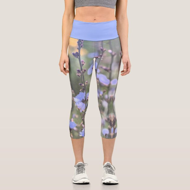 Pale Purple Blue Chicory Plant Flowers Capri Leggings (Front)
