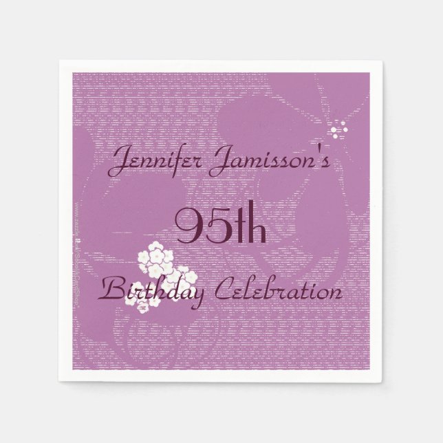 Pale Purple Floral Name 95th Birthday Party Paper Napkin (Front)
