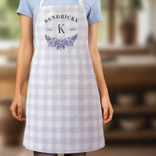Pale Purple Gingham Floral Family Monogram Apron
