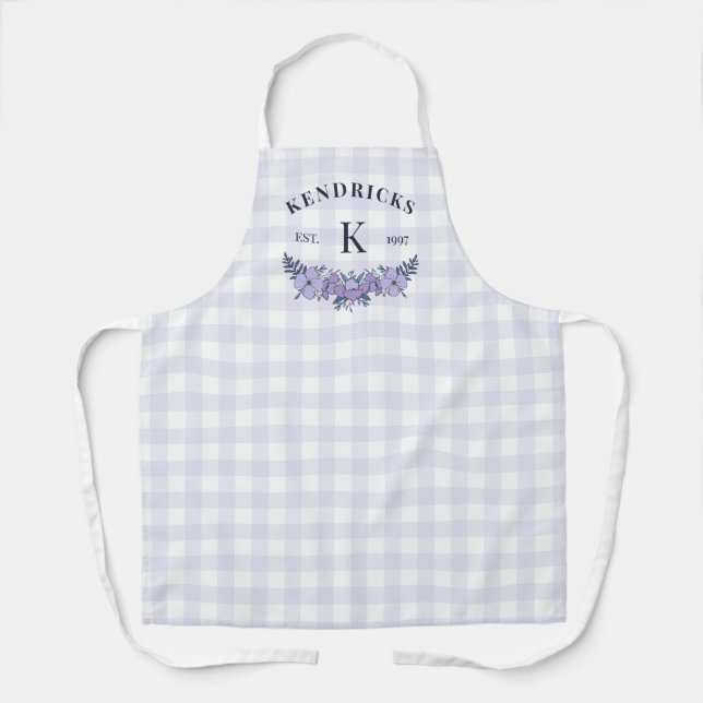 Pale Purple Gingham Floral Family Monogram Apron (Front)