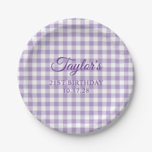 Pale Purple Gingham Plaid 21st Birthday Paper Plate