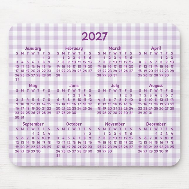 Pale Purple Gingham Whimsical 2027 Calendar Mouse Mat (Front)
