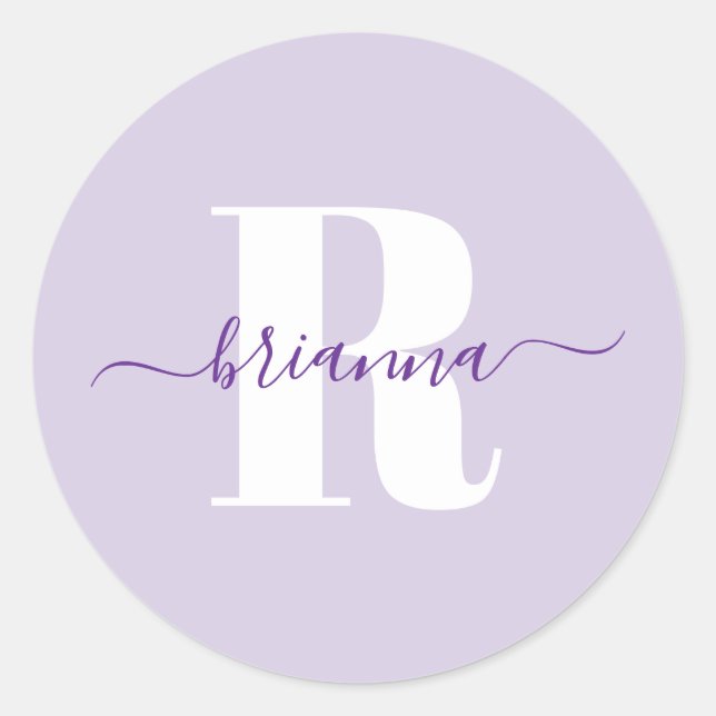 Pale Purple Script Name Bold Monogram Classic Round Sticker (Front)