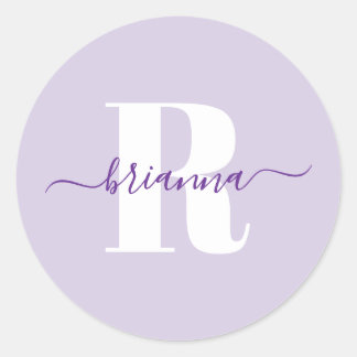 Pale Purple Script Name Bold Monogram Classic Round Sticker