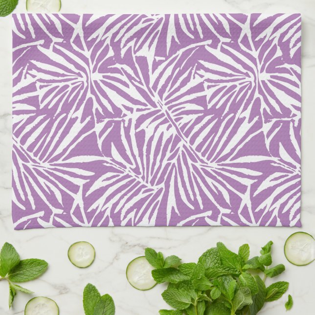 Pale Purple Tropical Leaf Repeating Pattern Tea Towel (Folded)