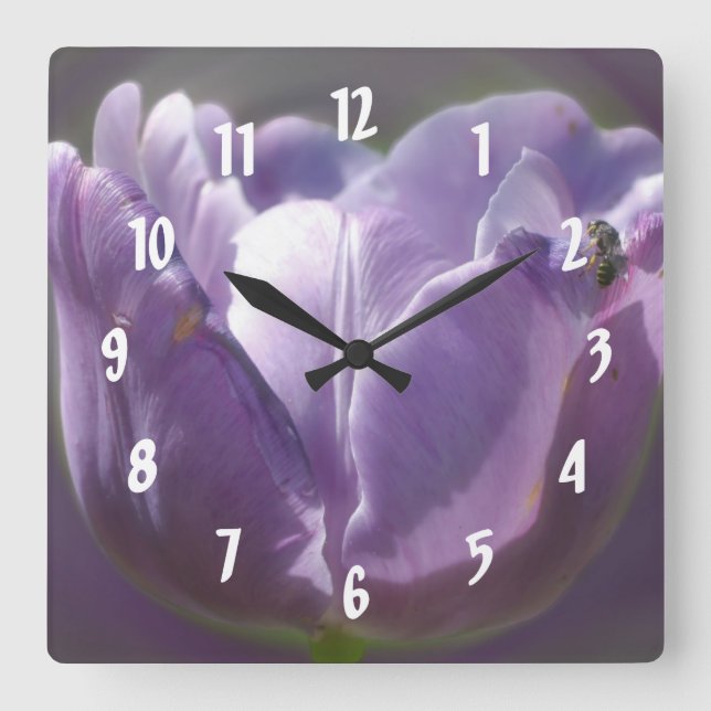 Pale Purple Tulip With Bee Flower Square Wall Clock (Front)