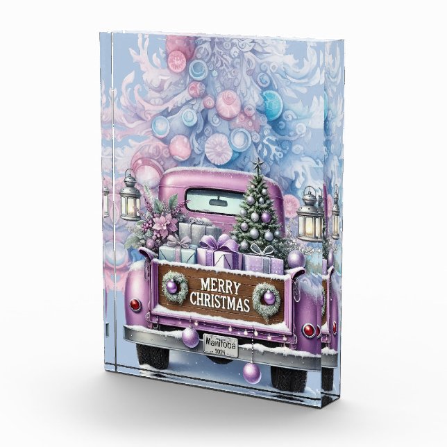 Pale Purple Vintage Truck Merry Christmas Photo Block (Right)