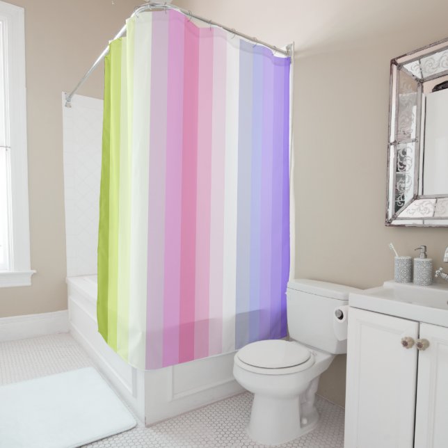 Pale Rainbow Stripes Bath Decor Shower Curtain (In Situ)