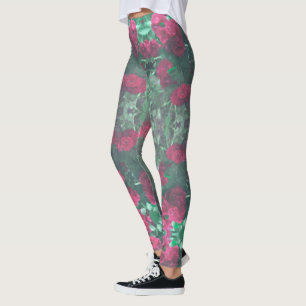 Pale Red Roses Green Leaves Flowers Leggings