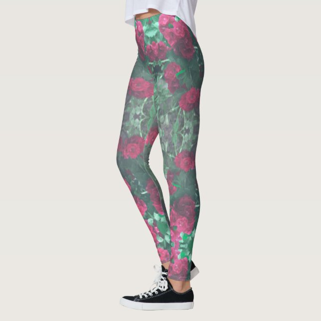 Pale Red Roses Green Leaves Flowers Leggings (Left)