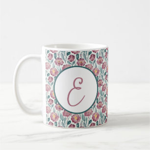 Pale red watercolor floral pattern monogram coffee mug