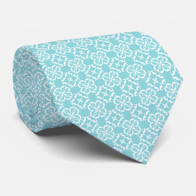Pale Robin's Egg Blue & White Floral Lattice  Tie (Rolled)