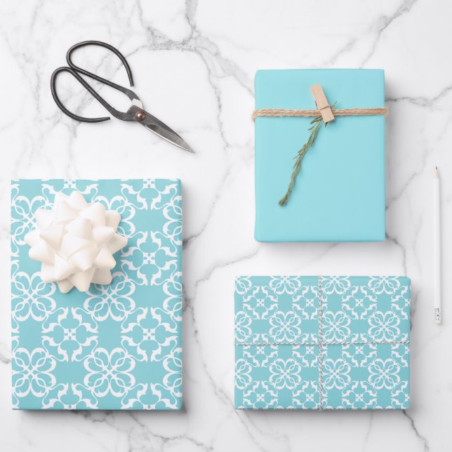 Pale Robin's Egg Blue & White Floral Lattice  Wrapping Paper Sheet (Front)