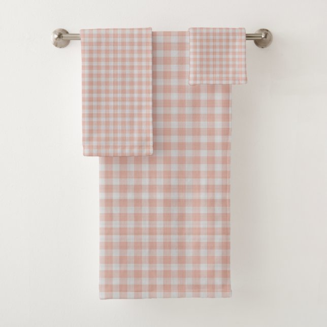 Pale Rose and White Checkered Gingham Plaid Bath Towel Set (Insitu)