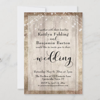 Pale Rustic Wood and White Lights Wedding Invitation