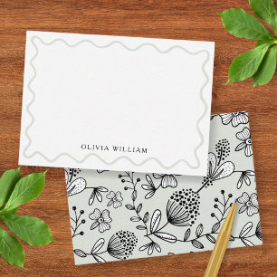 Pale Sage Green Floral Wavy Border Personalised Card