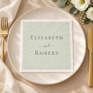 Pale Sage Green Minimalist Couple Names Wedding Napkin
