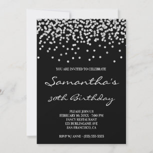 Pale Silver Glitter Confetti Black Invitation