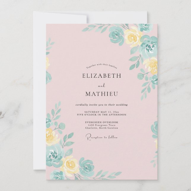 Pale Soft Pink Yellow Peony Wedding Invitation (Front)