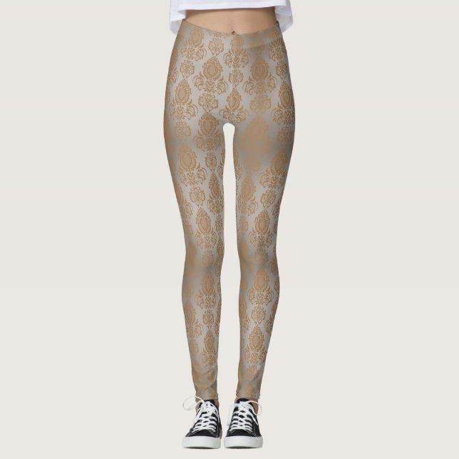 Pale Taupe Damask Filigree Scroll  "Burnout Look" Leggings (Front)