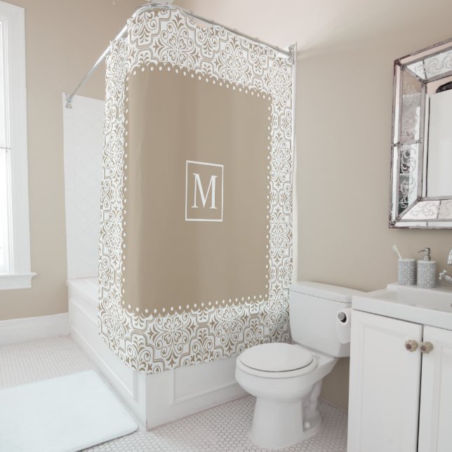 Pale taupe damask pattern and monogram shower curtain (In Situ)