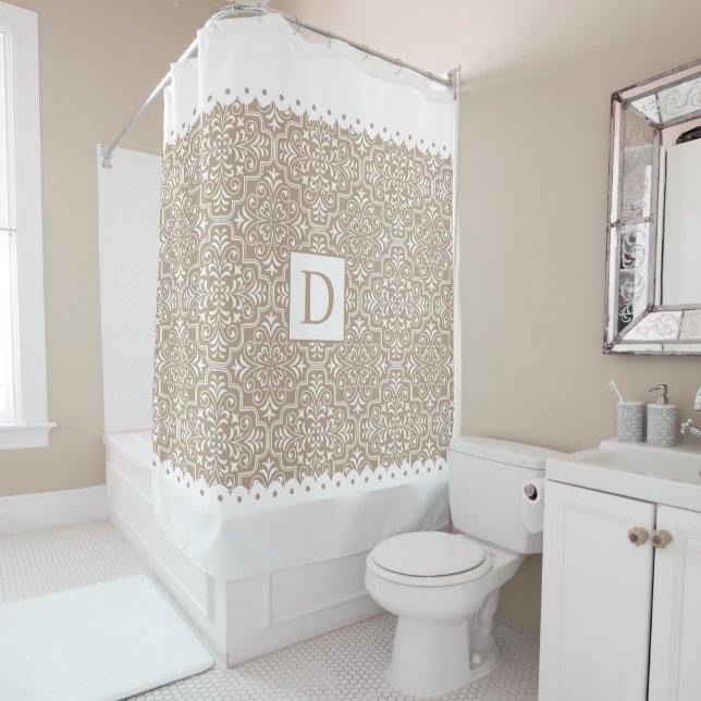 Pale taupe damask white scalloped borders monogram shower curtain (In Situ)