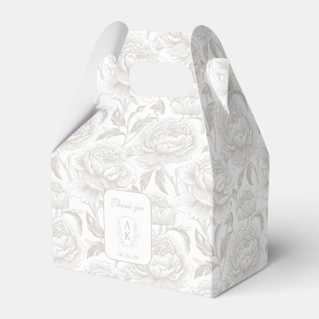Pale Taupe Monogram Crest Chinoiserie Peonies Favour Box (Front Side)