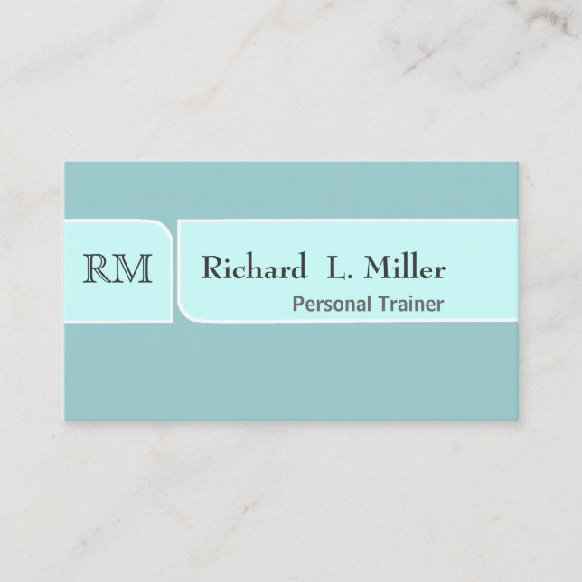 Pale Teal Blue Green White Monogram Business Card (Front)