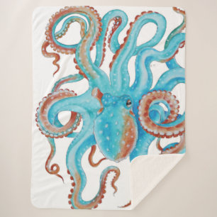 Pale Teal Blue Octopus Watercolor Sherpa Blanket