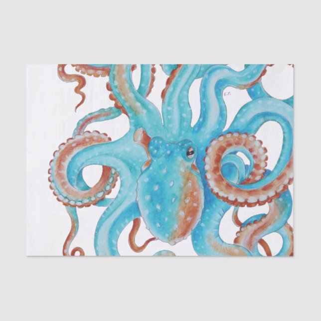 Pale Teal Blue Octopus Watercolor Tissue Paper (Front)