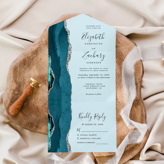 Pale Teal Blue Silver Agate Wedding All In One Invitation (Creator Uploaded)
